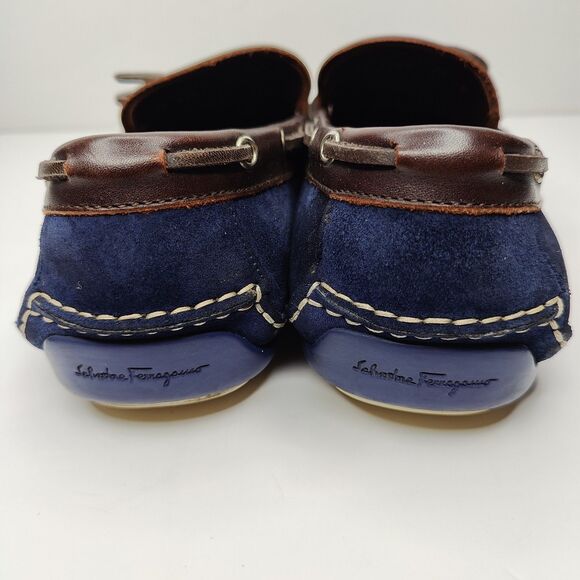 Salvatore Ferragamo Boat Shoes Brown Loafer Blue Suede Mens Size 10 D